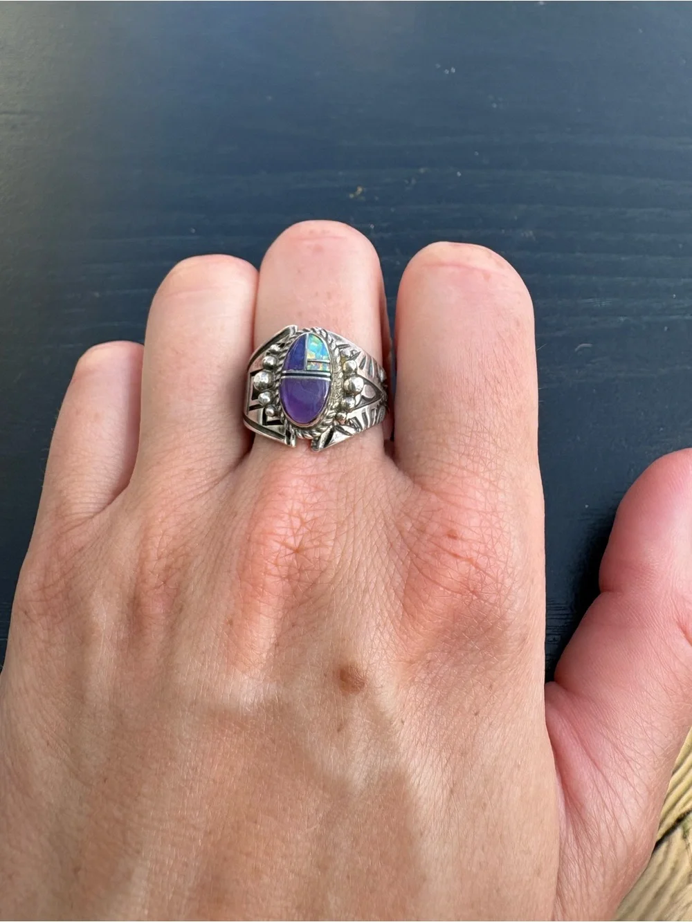 LP (Loren Philips) Native American Sterling Silver Purple Mosaic Ring - Size 8